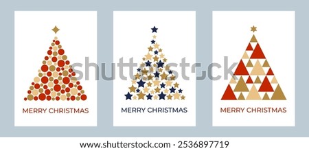 Set of Christmas greeting card with christmas tree made of triangles, circles and stars. Template for winter holidays design. Vector illustration