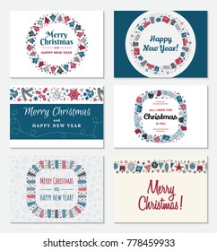 Set of Christmas greeting card in trendy Scandinavian style. Happy New year and Merry Christmas inscription. Round and square holiday frame. Vector illustration.