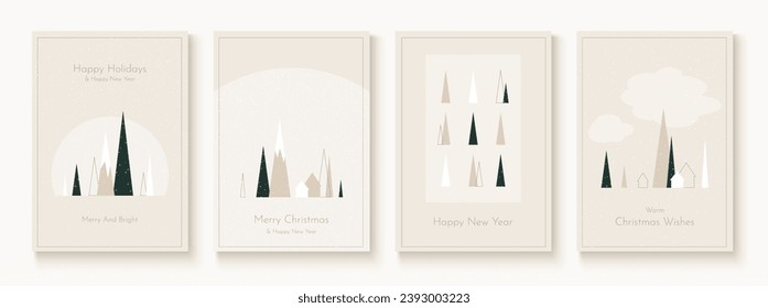 Set of Christmas Greeting cards with abstract triangle fir-trees in minimalist flat style. Vector illustration templates for invitations and posters.