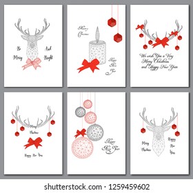 Set of Christmas greeting cards with black and red low polygonal decorations, deer head, balls, ribbon bow, candle and text isolated on white background. Modern design vector illustration.