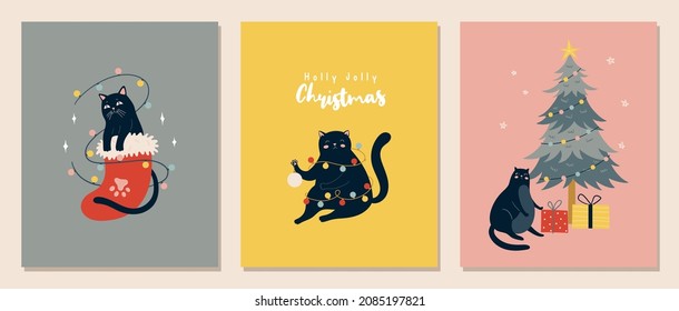 Set of Christmas greeting cards with black cats. New Year posters