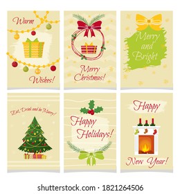 Set of Christmas greeting cards in cartoon style isolated. Holiday elements in different variations, happy new year decorations.