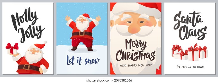 Set of Christmas greeting cards. Cartoon Santa Claus and presents with bows. Hand lettered holiday wishes. Vector illustrations. For Christmas and New Year banners, gift tags, party posters.