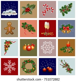Set of Christmas greeting cards. Collection holiday backgrounds for Merry Christmas. Vector cards with frames, ornaments and decorations.