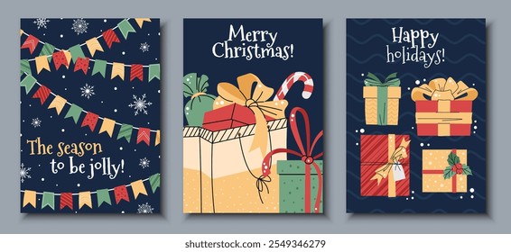 Set of Christmas greeting cards with colorful flags, gift boxes on a blue background in a flat cartoon style. Vector illustration for poster, banner, invitation, etc.