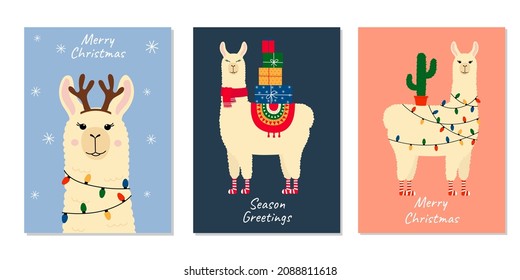 Set of Christmas greeting cards with cute llama. Template for nursery, poster, Christmas, birthday greeting card, invitation. 