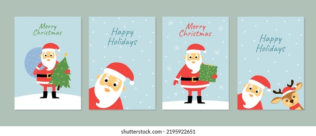 Set of Christmas greeting cards with cute cartoon Santa Claus character. Template for invitation, poster, banner. Isolated vector illustration