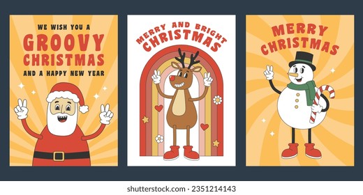 Set of Christmas greeting cards with cute characters in groovy retro style. Template for Merry Christmas and Happy New year greeting card, poster, party invitation. Vector illustration svg