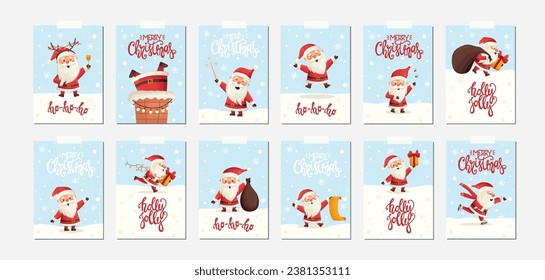 Set of Christmas greeting cards with cute funny xmas Santa Clauses with different poses, emotions, new year winter holiday with lettering. Christmas poster vector illustration in flat cartoon style