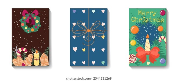 Conjunto de cartões de Natal. Bonita decoração de Natal. Presente, arcos, velas, flocos de neve.  Adequado para web design, cartões, banners. Vetor
