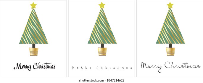 
set of Christmas greeting cards. Different fonts, white background. green Christmas tree in a pot with gold lines (tinsel)