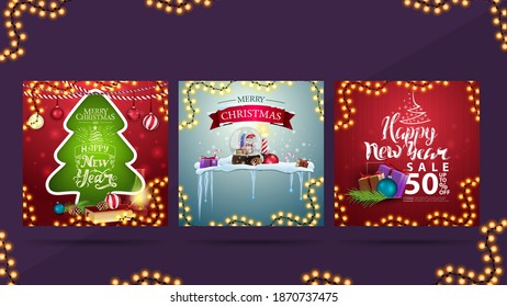 Set of Christmas greeting cards and discount banner for New Year celebrations.
