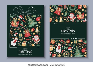 Set of Christmas greeting cards with festive elements in the form of a Christmas tree ball. Merry Christmas and Happy New Year. Banner, poster, flyer with Santa, Claus, Christmas tree, etc