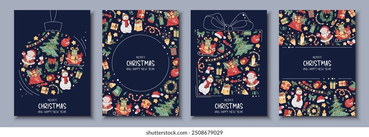 Set of Christmas greeting cards with festive elements in the form of a Christmas tree ball. Merry Christmas and Happy New Year. Banner, poster, flyer with Santa, Claus, Christmas tree, etc.