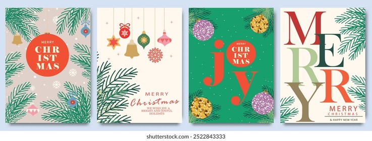  Set Christmas greeting cards with festive designs including baubles, branches, ornaments, and holiday messages. Modern beautiful Xmas design template for season decoration, branding, banner