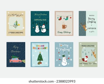 Set of Christmas greeting cards flat vector in cartoon style. Christmas concept. Merry Christmas and Happy New Year postcard. Happy Holidays