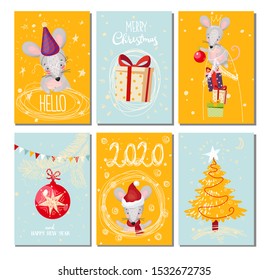 Set of Christmas greeting cards, flyers, tags. New Year s collection of patterns with a mouse, a cute rat and holiday elements. Flat cartoon vector.