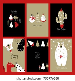 Set of Christmas greeting cards. Funny hand drawn retro grunge cards with Santa Claus, deer, fox, bear, tree, snowman and decorative cactus.