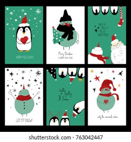 Set of Christmas greeting cards. Funny hand drawn retro grunge cards with Santa Claus, snowman and cute penguins.