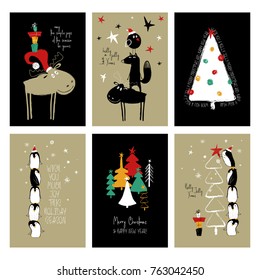 Set of Christmas greeting cards. Funny hand drawn retro grunge cards with tree, deer, fox and cute penguins.