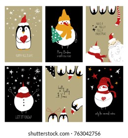 Set of Christmas greeting cards. Funny hand drawn retro grunge cards with Santa Claus, snowman and cute penguins.