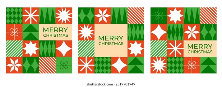 Set of Christmas greeting cards with geometric elements. Flat style. Template for winter holidays design. Vector illustration
