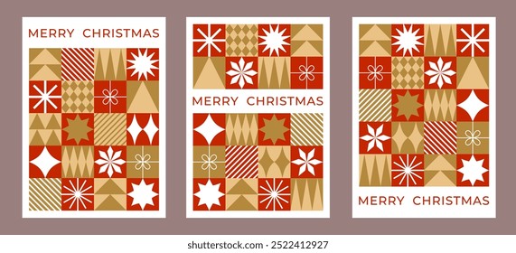 Set of Christmas greeting cards with geometric elements. Flat style. Template for winter holidays design. Vector illustration