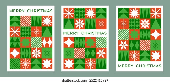 Set von Weihnachtsgrußkarten mit geometrischen Elementen. Flacher Stil. Vorlage für Winterurlaub Design. Vektorgrafik