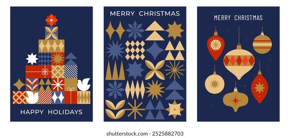 Set of Christmas greeting cards with geometric elements and christmas tree decoration. Flat style. Template for winter holidays design. Vector illustration