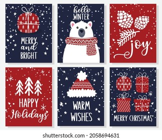 Set of Christmas greeting cards with gift boxes, polar bear, Christmas trees. Winter holidays vector illustration for posters, flyers, invitations and so on
