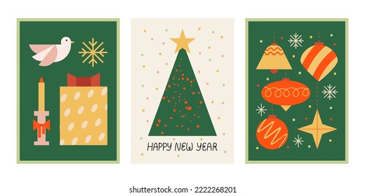 Set of christmas greeting cards with gift box, ornaments ball, bird and snowflakes. Vector holiday flat illustration. Happy new year lettering quote