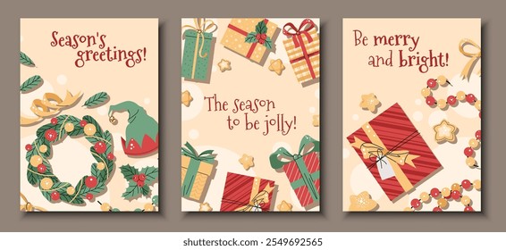 Set of Christmas greeting cards with gift boxes, wreath and stars in a flat cartoon style. Vector illustration for poster, banner, invitation, etc.