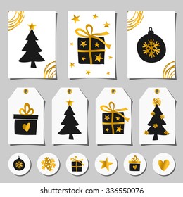 A set of Christmas greeting cards, gift tags and round stickers/tags/cake toppers. Traditional Christmas design elements in black, white and gold. 