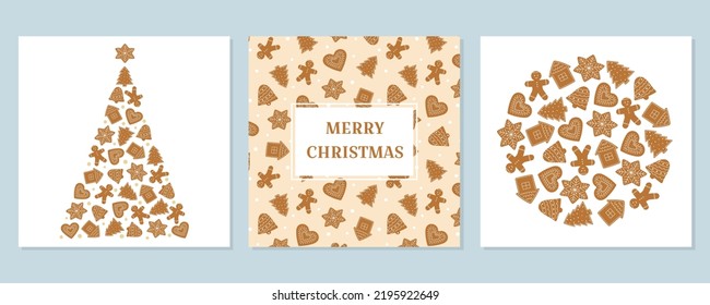 Set of Christmas greeting cards with gingerbread cookies. Winter homemade sweets pattern. Isolated vector illustration