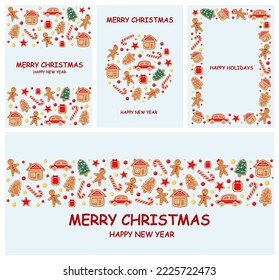 A set of Christmas greeting cards with gingerbread. Happy New Year. Cartoon design.
