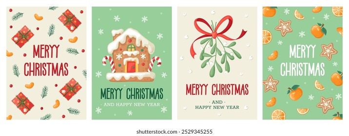 Set of Christmas greeting cards with gingerbread house, mistletoe with bow, mandarin, gift boxes and snowflakes.