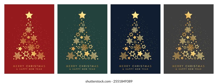 Set of Christmas greeting cards with golden Christmas trees made of golden snowflakes and stars. Vector illustration.