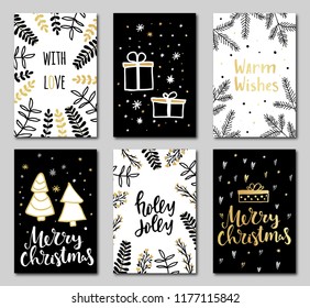 Set of christmas greeting cards with hand written lettering and design elements