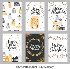 Set of christmas greeting cards with hand written lettering and design elements