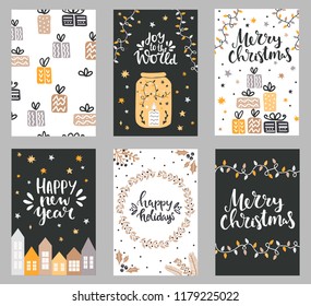 Set of christmas greeting cards with hand written lettering and design elements