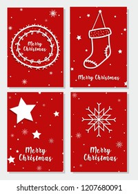 Set of christmas greeting cards with hand written lettering and hand drawn design elements. Cute xmas invitations. Stars, snowflakes, socks in gold and red. Branches and brush stroke.