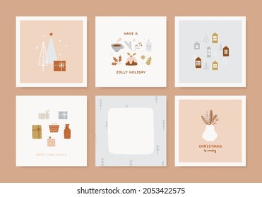 Set of Christmas greeting cards. Hand drawn templates for Winter holiday season. Cute illustration and Christmas typography in Hygge style. Vector banners collection.
