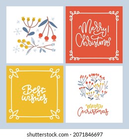 Set of Christmas greeting cards with hand written lettering and berries, branches, leaves, snowflakes elements. Holiday square tag templates for winter celebration. Flat vector illustration