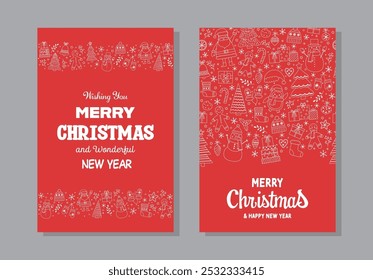 Set with Christmas greeting cards with hand drawn characters and ornaments. Vector illustration