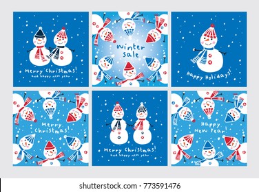 Set of Christmas Greeting Cards with hand drawn cute snowmen. Blue background. Happy New Year 2018. Doodles, sketch for your design. Vector.