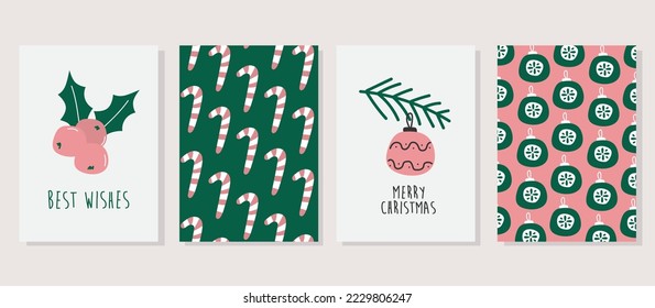 Set of christmas greeting cards with holiday text and design elements. Two cards with pattern. Hand drawn vector Merry Christmas cards collection