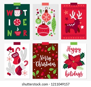 Set of Christmas greeting cards with hot drink, orange, ball, bauble, snowflake, berry, fir branches, poinsettia in Red, Green and White. Perfect for winter holidays and New Year greetings
