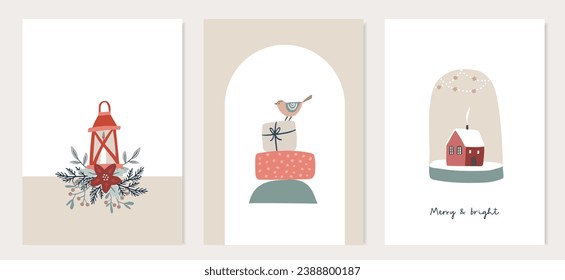 Set of Christmas greeting cards, invitations. Winter flowers, lantern, bird and house. Hand drawn vector illustration backgrounds. Winter festive posters. Festive Scandinavian design.