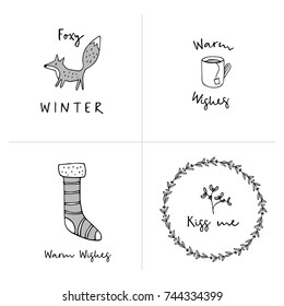Set of  Christmas greeting cards, invitations with hand drawn doodle icons. Winter design with fox, Christmas wreath, sock and cup of tea. Isolated vector illustrations.