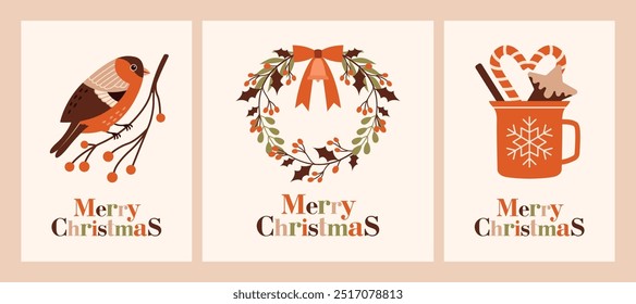 Set of Christmas greeting cards with minimal cute illustrations of bullfinch sitting on branch, christmas wreath from winter plants, holly berries, cup of hot drink with candy canes and gingerbread.